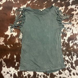 Buckle fringe tank top keyhole back sage green stretchy fit